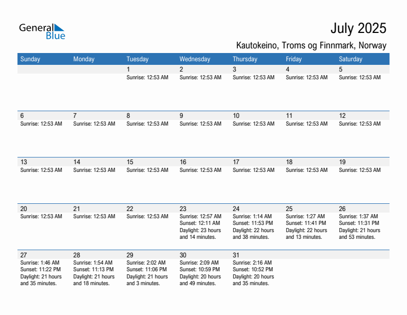 Kautokeino July 2025 sunrise and sunset calendar in PDF, Excel, and Word