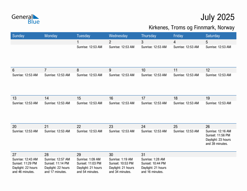 Kirkenes July 2025 sunrise and sunset calendar in PDF, Excel, and Word