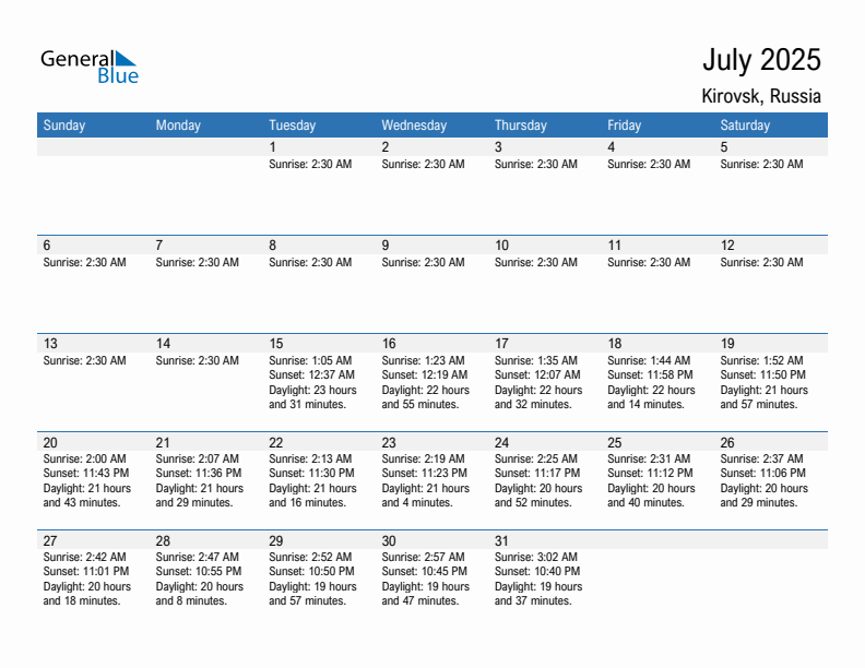 Kirovsk July 2025 sunrise and sunset calendar in PDF, Excel, and Word