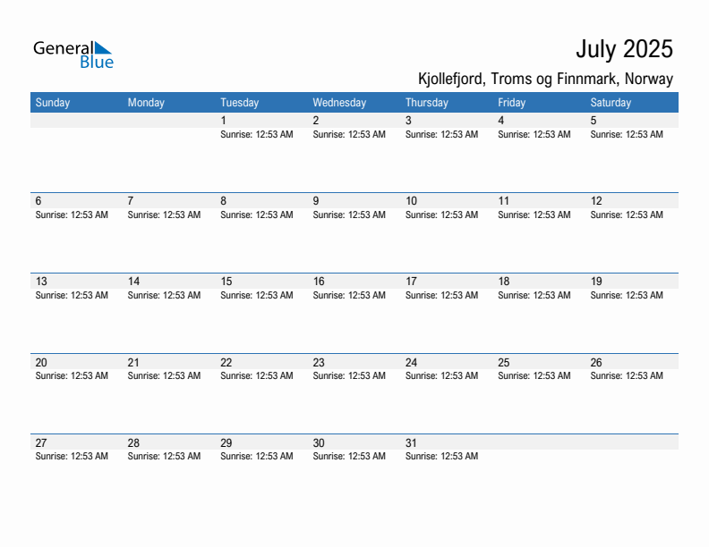 Kjollefjord July 2025 sunrise and sunset calendar in PDF, Excel, and Word