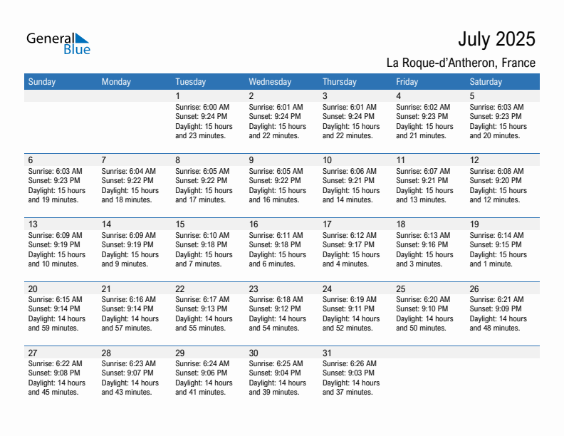 La Roque-d'Antheron July 2025 sunrise and sunset calendar in PDF, Excel, and Word