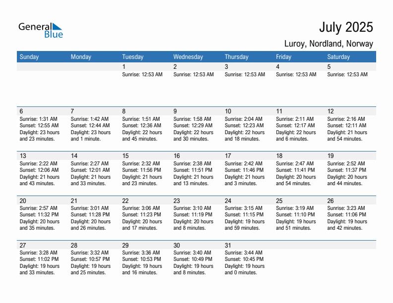 Luroy July 2025 sunrise and sunset calendar in PDF, Excel, and Word