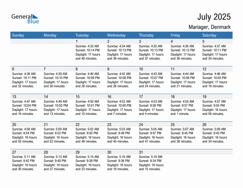 Mariager July 2025 sunrise and sunset calendar in PDF, Excel, and Word