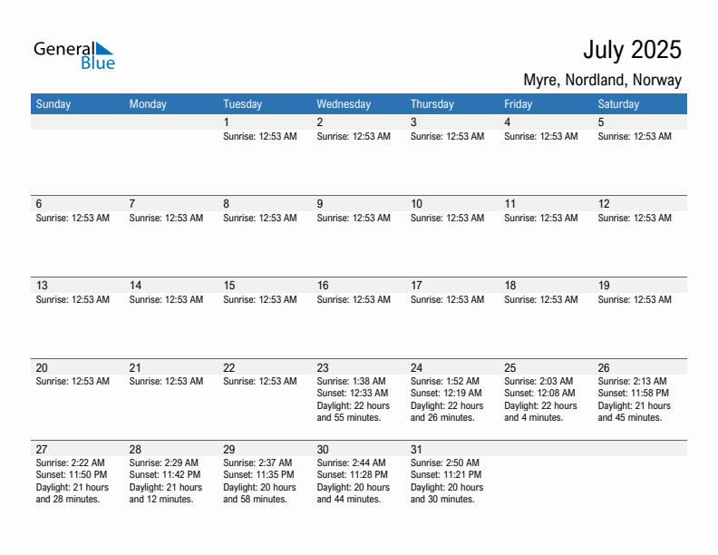 Myre July 2025 sunrise and sunset calendar in PDF, Excel, and Word