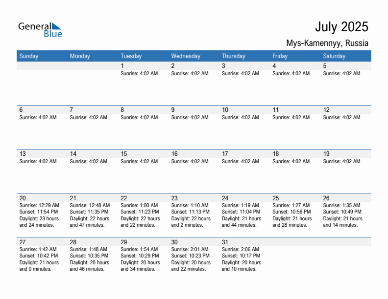 Mys-Kamennyy July 2025 sunrise and sunset calendar in PDF, Excel, and Word