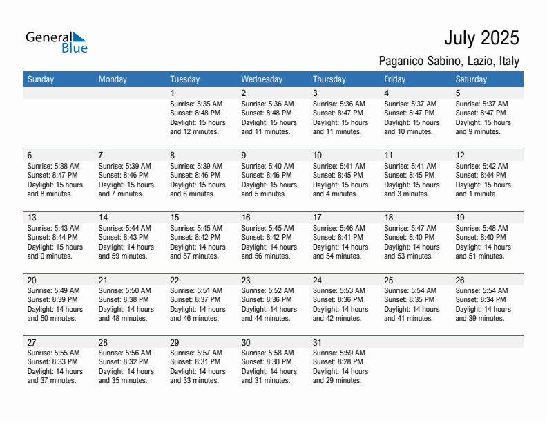 Paganico Sabino July 2025 sunrise and sunset calendar in PDF, Excel, and Word