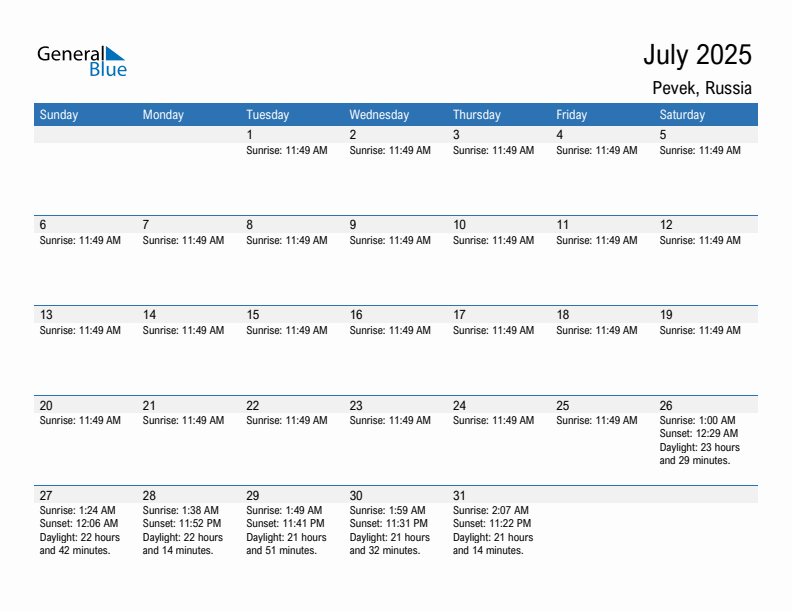 Pevek July 2025 sunrise and sunset calendar in PDF, Excel, and Word