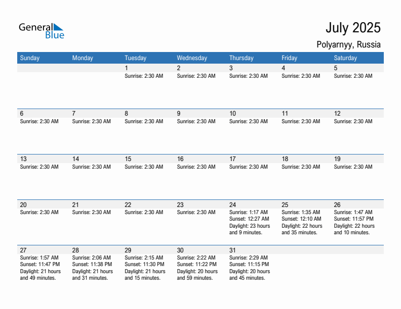 Polyarnyy July 2025 sunrise and sunset calendar in PDF, Excel, and Word