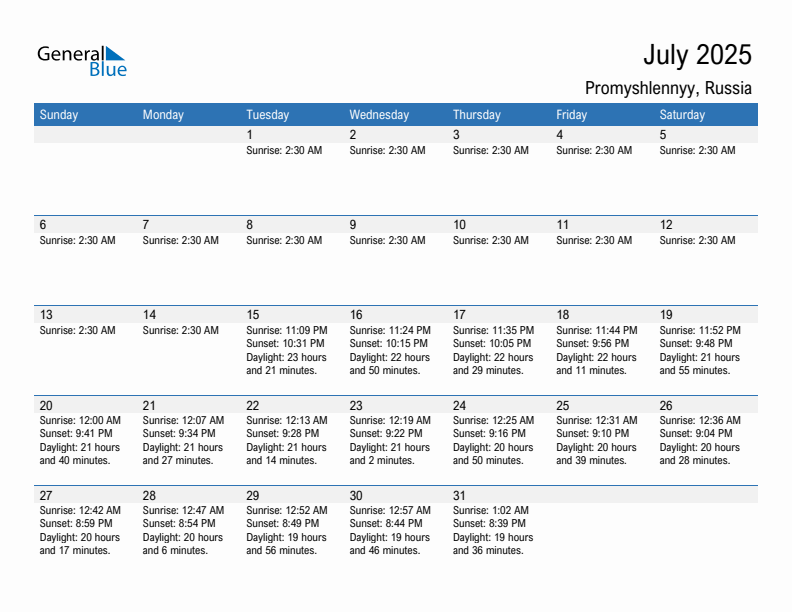 Promyshlennyy July 2025 sunrise and sunset calendar in PDF, Excel, and Word