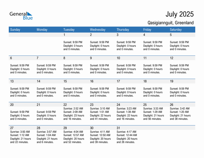 Qasigiannguit July 2025 sunrise and sunset calendar in PDF, Excel, and Word