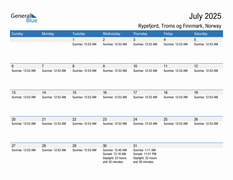 Rypefjord July 2025 sunrise and sunset calendar in PDF, Excel, and Word