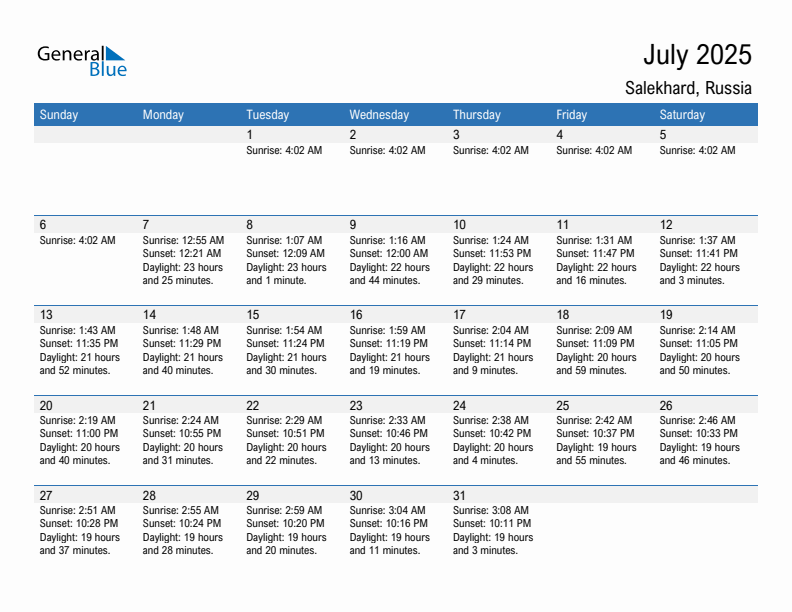 Salekhard July 2025 sunrise and sunset calendar in PDF, Excel, and Word