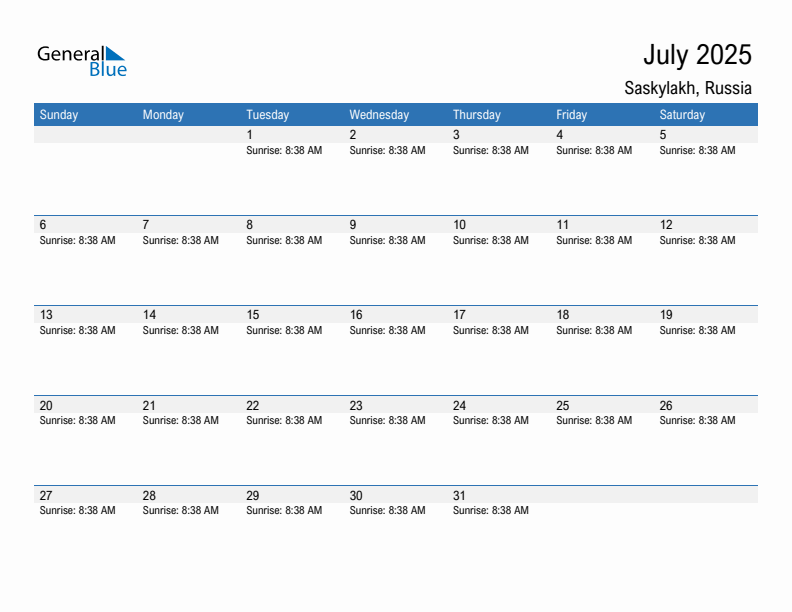 Saskylakh July 2025 sunrise and sunset calendar in PDF, Excel, and Word