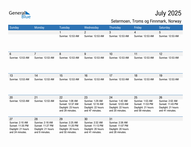 Setermoen July 2025 sunrise and sunset calendar in PDF, Excel, and Word