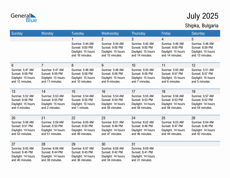 Shipka July 2025 sunrise and sunset calendar in PDF, Excel, and Word