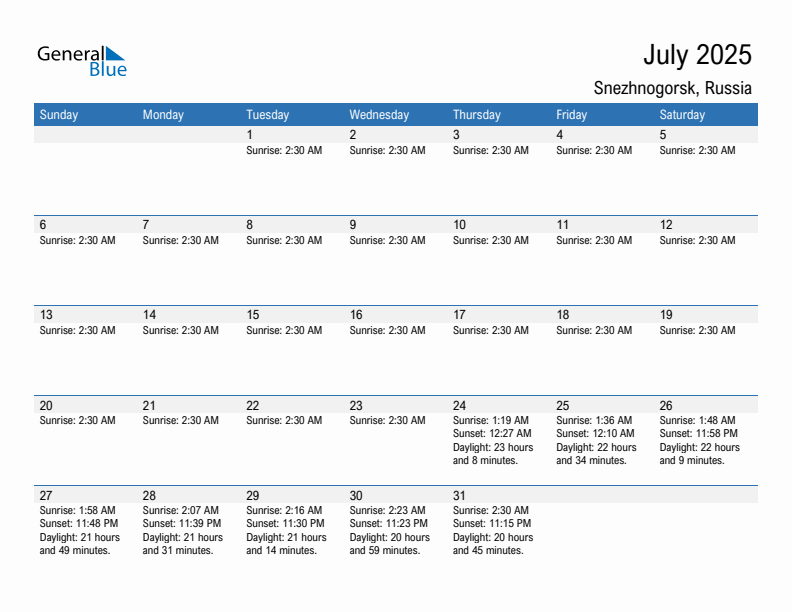 Snezhnogorsk July 2025 sunrise and sunset calendar in PDF, Excel, and Word