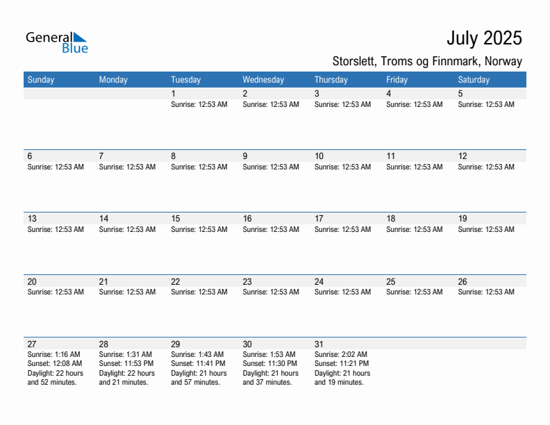 Storslett July 2025 sunrise and sunset calendar in PDF, Excel, and Word