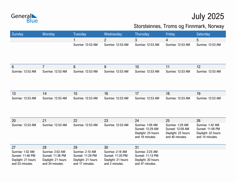 Storsteinnes July 2025 sunrise and sunset calendar in PDF, Excel, and Word