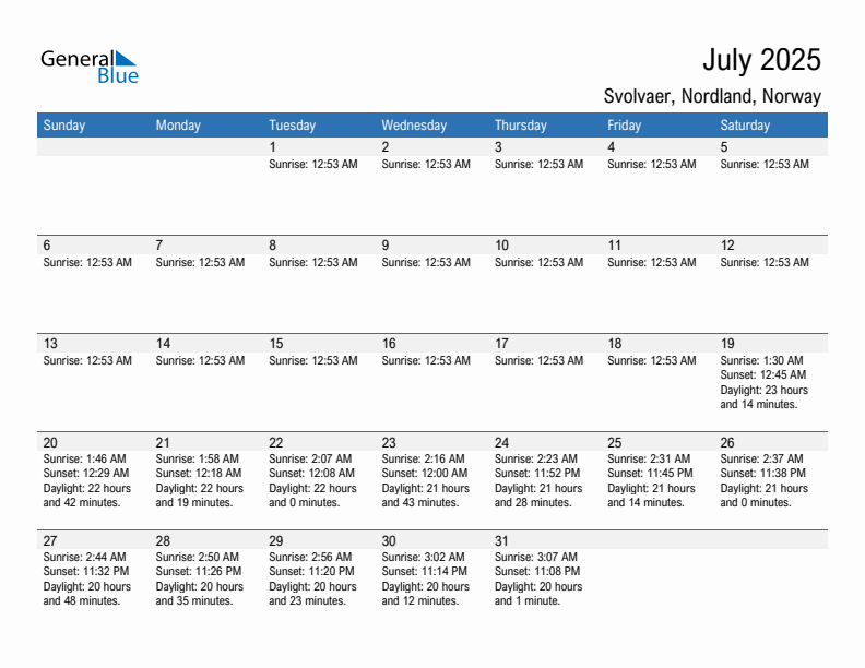 Svolvaer July 2025 sunrise and sunset calendar in PDF, Excel, and Word