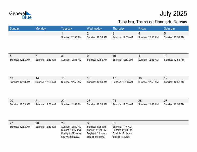 Tana bru July 2025 sunrise and sunset calendar in PDF, Excel, and Word