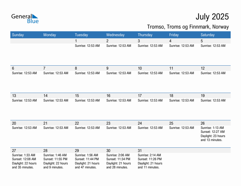 Tromso July 2025 sunrise and sunset calendar in PDF, Excel, and Word