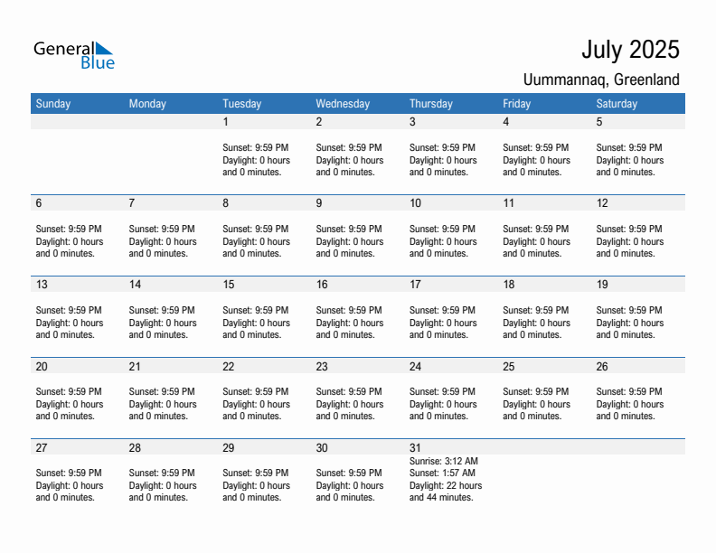 Uummannaq July 2025 sunrise and sunset calendar in PDF, Excel, and Word