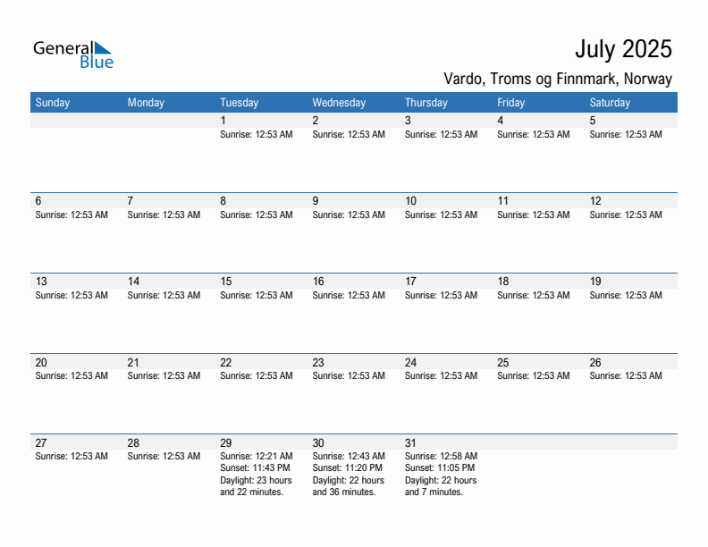 Vardo July 2025 sunrise and sunset calendar in PDF, Excel, and Word