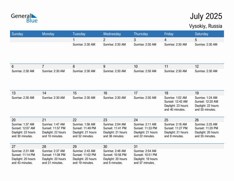 Vysokiy July 2025 sunrise and sunset calendar in PDF, Excel, and Word