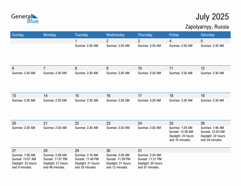 Zapolyarnyy July 2025 sunrise and sunset calendar in PDF, Excel, and Word