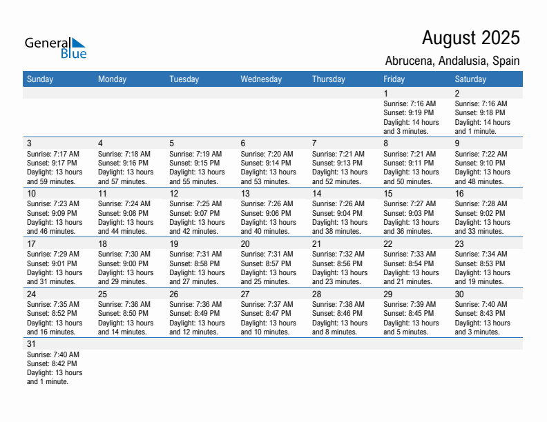 Abrucena August 2025 sunrise and sunset calendar in PDF, Excel, and Word