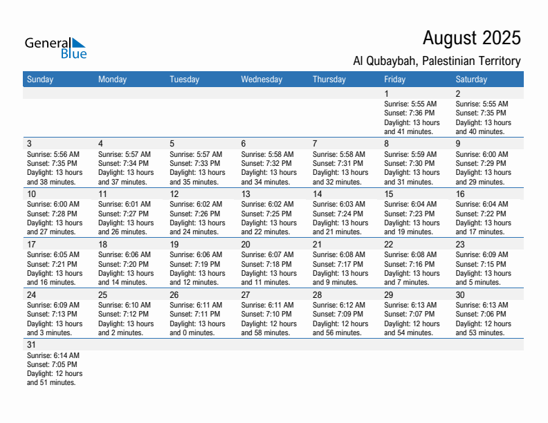 Al Qubaybah August 2025 sunrise and sunset calendar in PDF, Excel, and Word