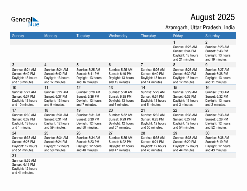 Azamgarh August 2025 sunrise and sunset calendar in PDF, Excel, and Word