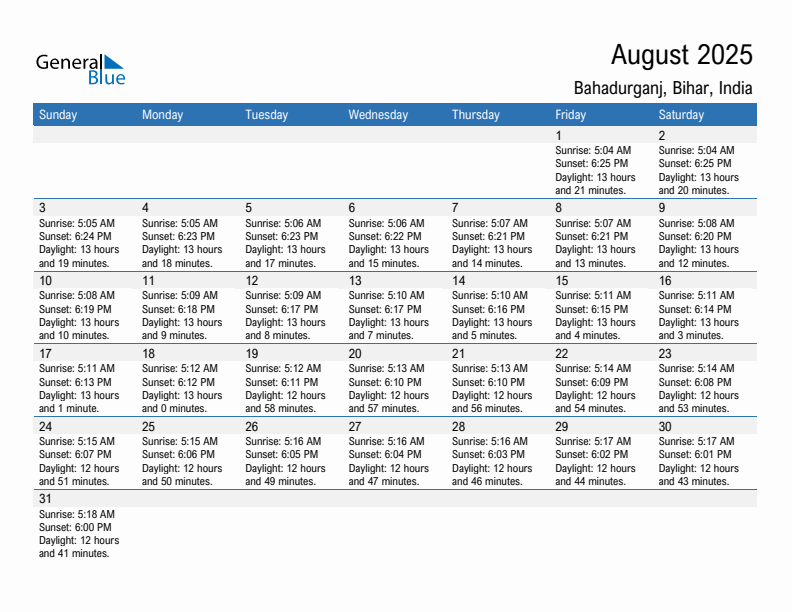 Bahadurganj August 2025 sunrise and sunset calendar in PDF, Excel, and Word