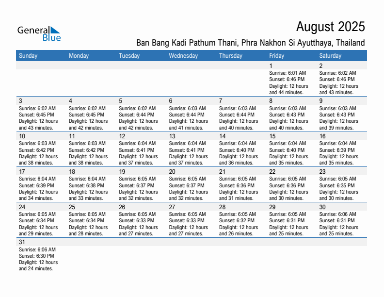 Ban Bang Kadi Pathum Thani August 2025 sunrise and sunset calendar in PDF, Excel, and Word