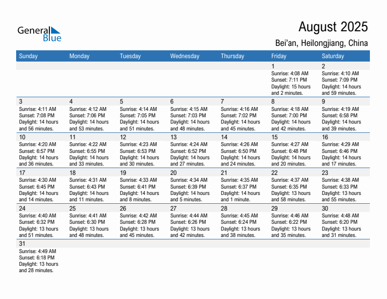 Bei'an August 2025 sunrise and sunset calendar in PDF, Excel, and Word