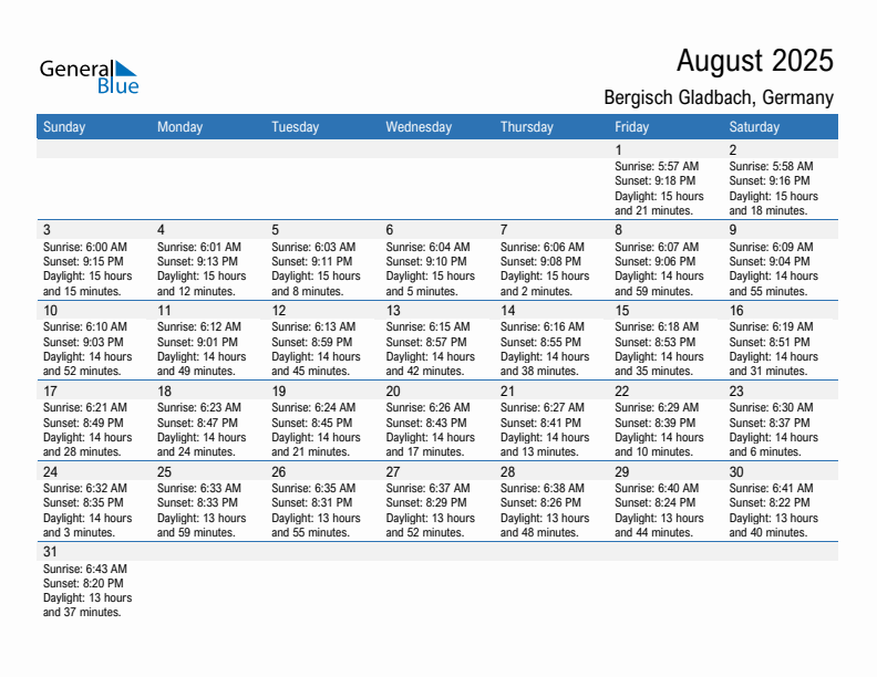 Bergisch Gladbach August 2025 sunrise and sunset calendar in PDF, Excel, and Word