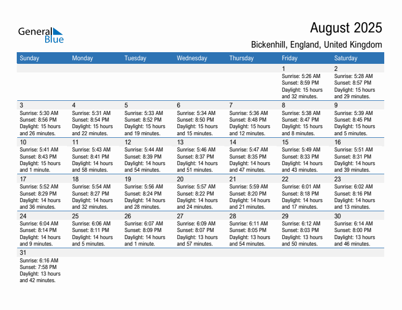 Bickenhill August 2025 sunrise and sunset calendar in PDF, Excel, and Word