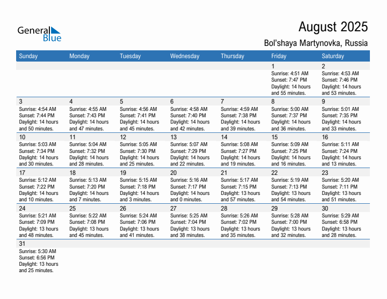 Bol'shaya Martynovka August 2025 sunrise and sunset calendar in PDF, Excel, and Word