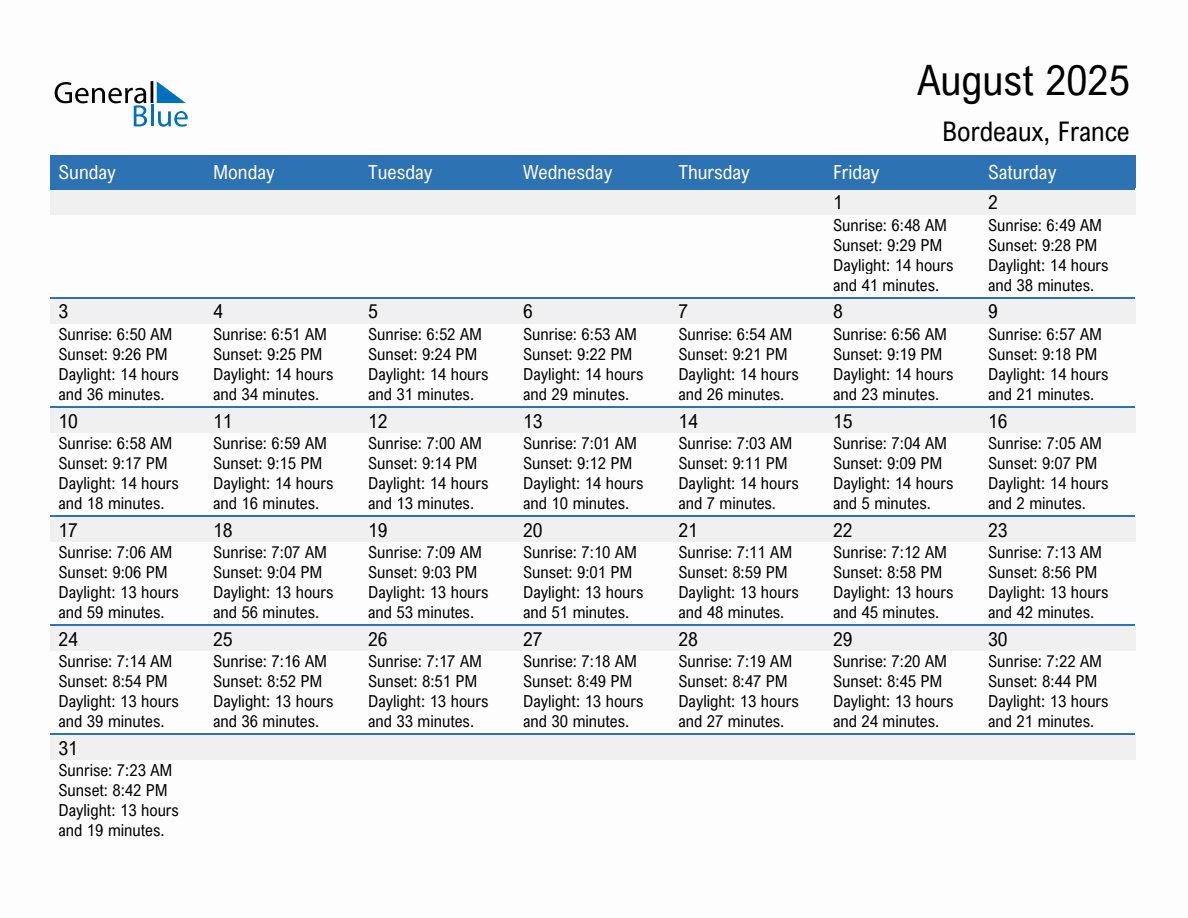 August 2025 Sunrise and Sunset Calendar for Bordeaux (PDF, Excel, Word)