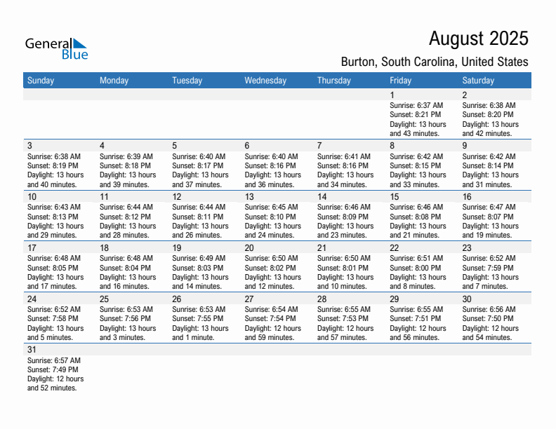 Burton August 2025 sunrise and sunset calendar in PDF, Excel, and Word