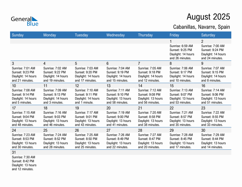 Cabanillas August 2025 sunrise and sunset calendar in PDF, Excel, and Word