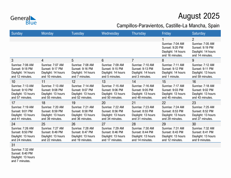 Campillos-Paravientos August 2025 sunrise and sunset calendar in PDF, Excel, and Word