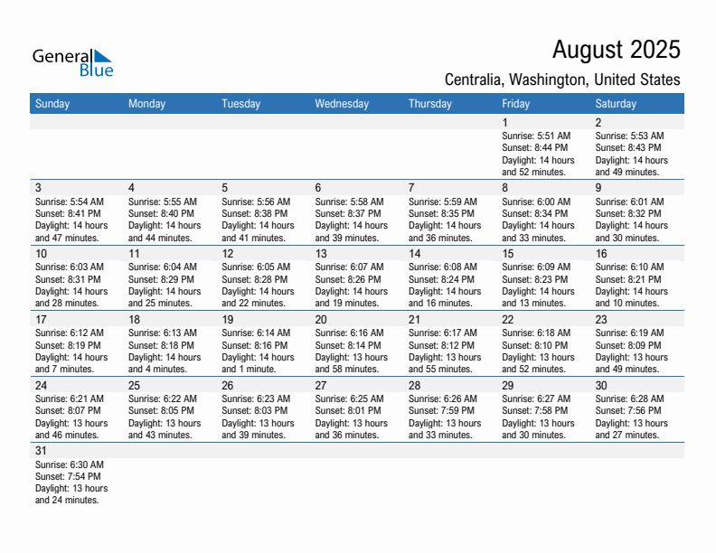 Centralia August 2025 sunrise and sunset calendar in PDF, Excel, and Word