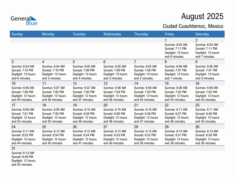 Ciudad Cuauhtemoc August 2025 sunrise and sunset calendar in PDF, Excel, and Word