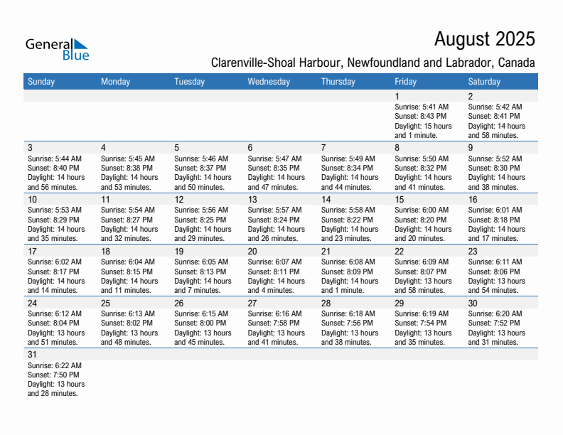 Clarenville-Shoal Harbour August 2025 sunrise and sunset calendar in PDF, Excel, and Word