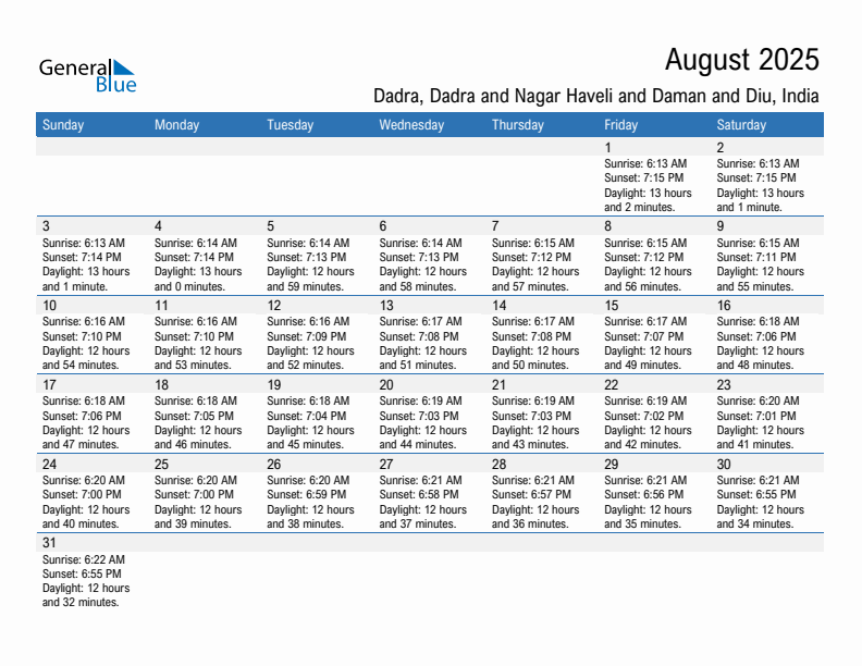 Dadra August 2025 sunrise and sunset calendar in PDF, Excel, and Word