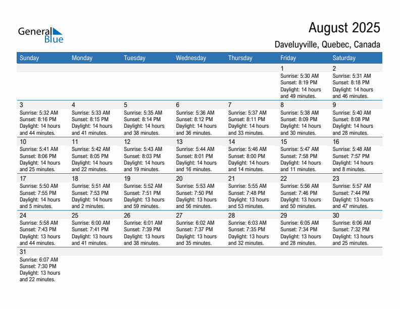 Daveluyville August 2025 sunrise and sunset calendar in PDF, Excel, and Word