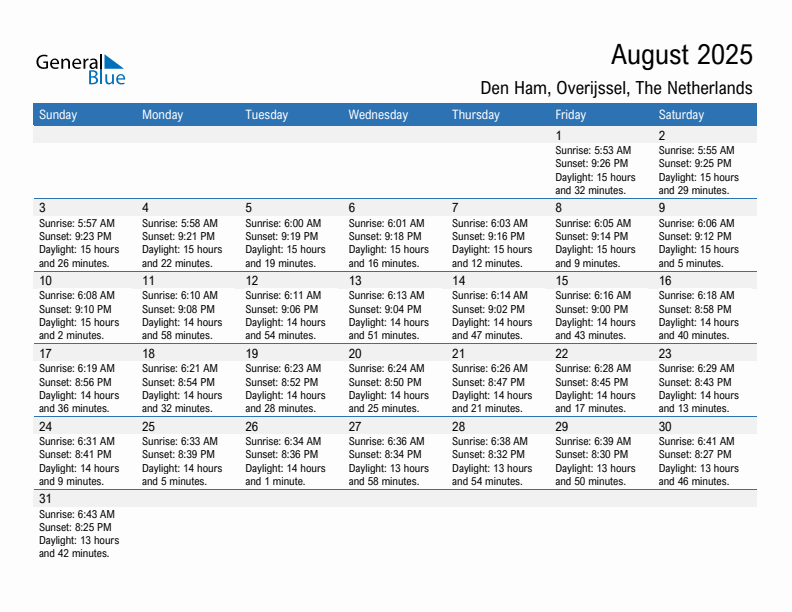 Den Ham August 2025 sunrise and sunset calendar in PDF, Excel, and Word