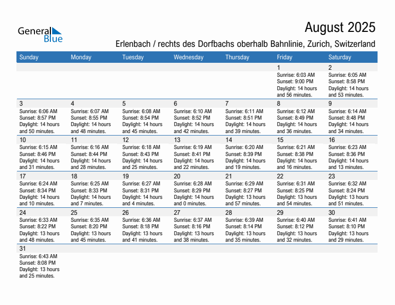 Erlenbach / rechts des Dorfbachs oberhalb Bahnlinie August 2025 sunrise and sunset calendar in PDF, Excel, and Word