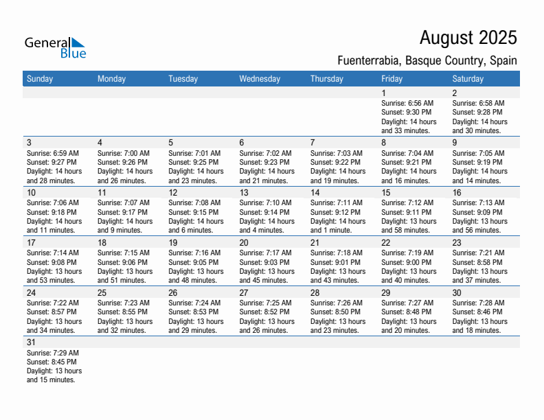 Fuenterrabia August 2025 sunrise and sunset calendar in PDF, Excel, and Word